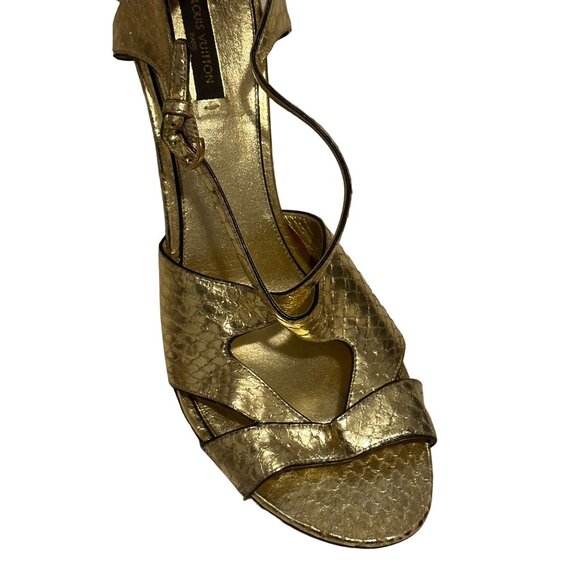 LOUIS VUITTON Gold Snake Print Leather Heels Size 41 - Picture 7 of 10